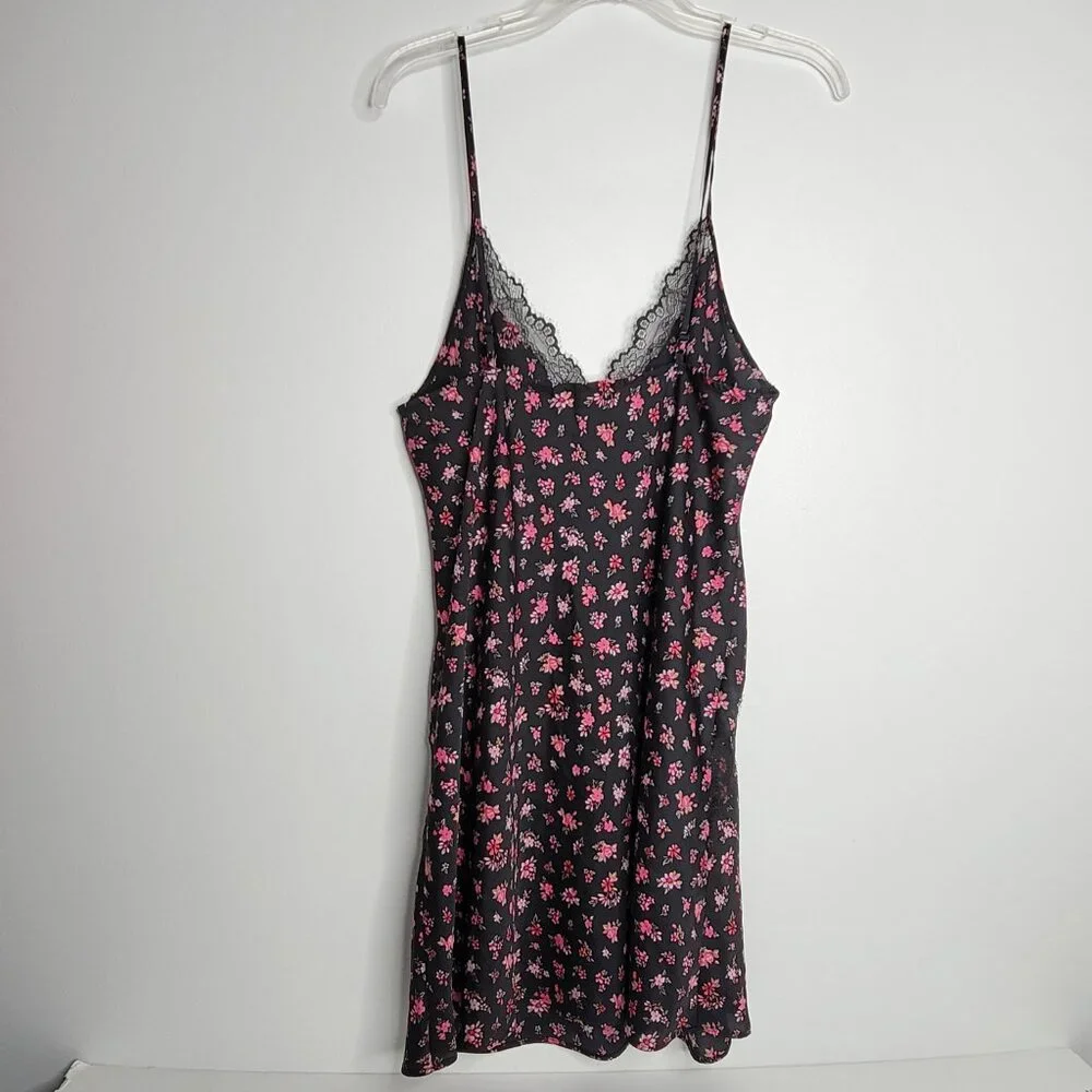 Victorias Secret Women Large‎ Black Pink Floral Lace Slip Gown Dress Nightie
